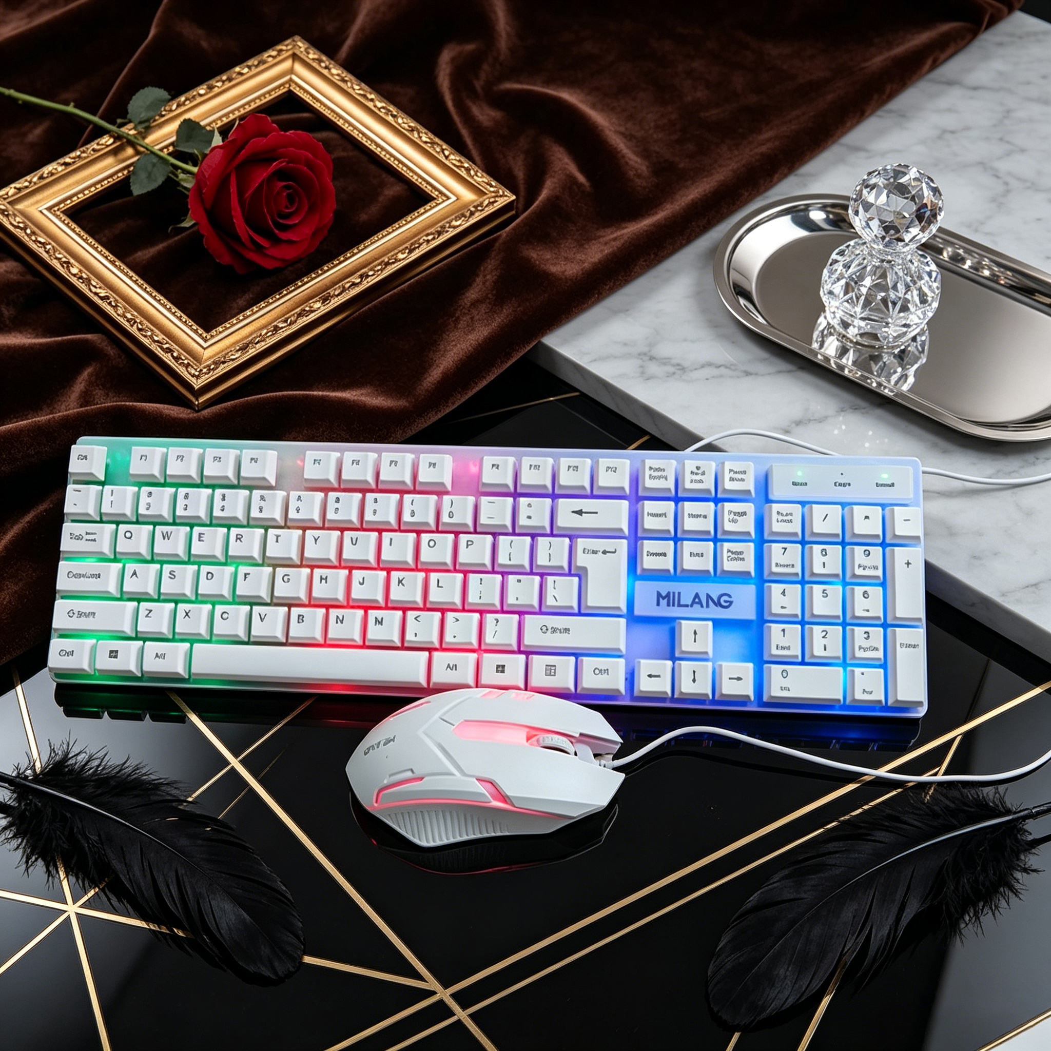 Desk Setup Ergonomics - Wired RGB Backlit Keyboard Mouse Set,Ergonomic
