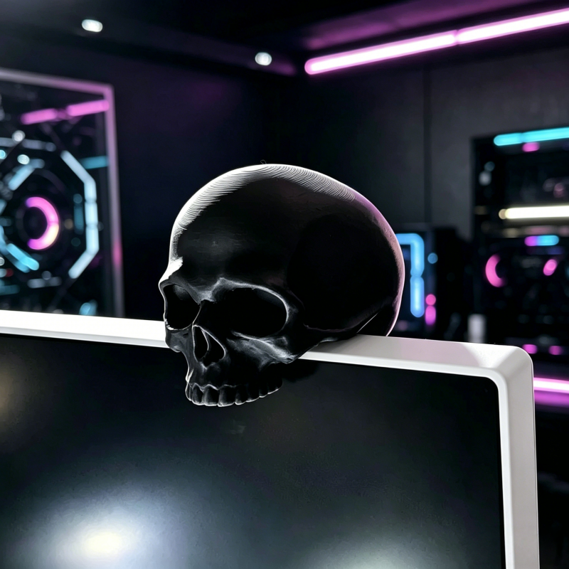 Desk Setup Black And White - Skull Monitor Ornament, Gothic Desk Decor