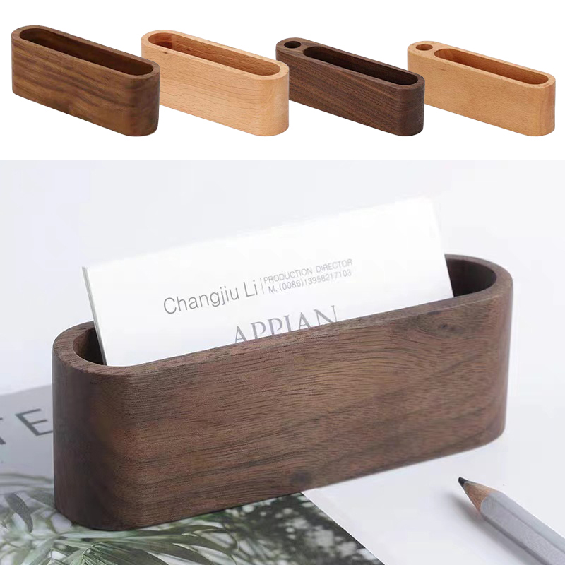 Korean Desk Setup - Business Card Holder Wooden Organizer Office
