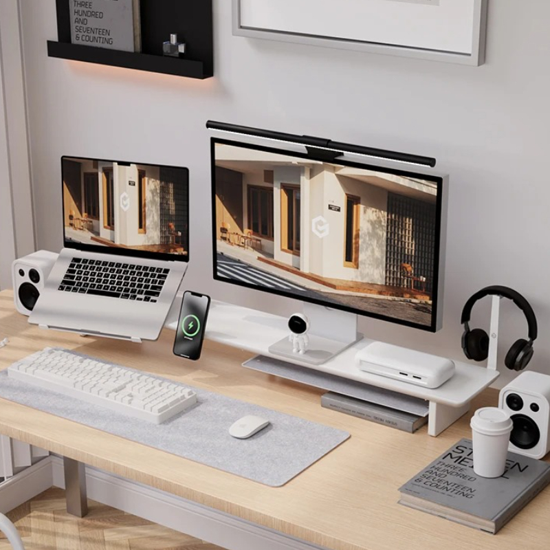 Desk Setup Ergonomics - ‌Modular White Monitor Riser Stand with