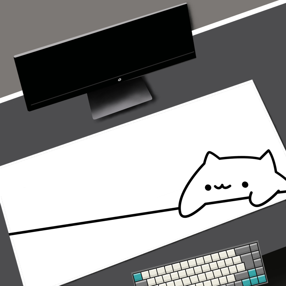 Korean Desk Setup - White Deskmat Black Cat Kawaii Mouse