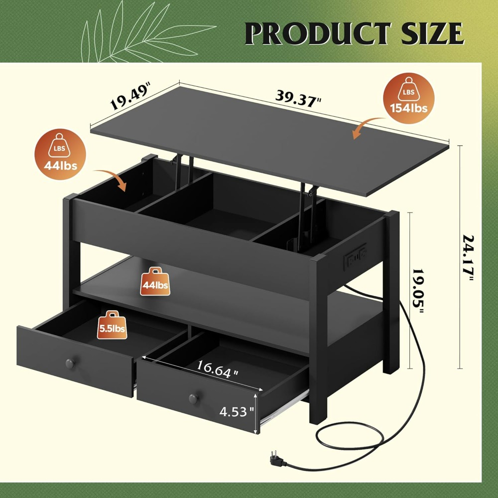 WLIVE Black Lift Top Coffee Ta - Desk Drawer Unit reseña y precio