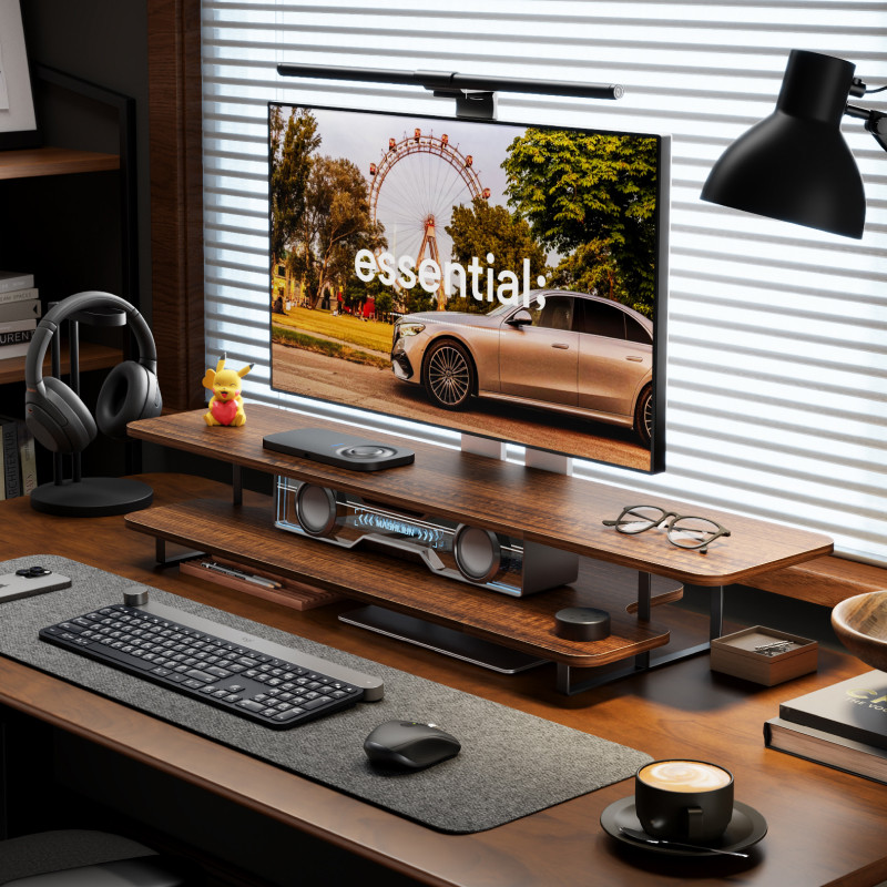 Walnut Finish Monitor Stand Ri - Desk Setup With Laptop And Monitor reseña y precio