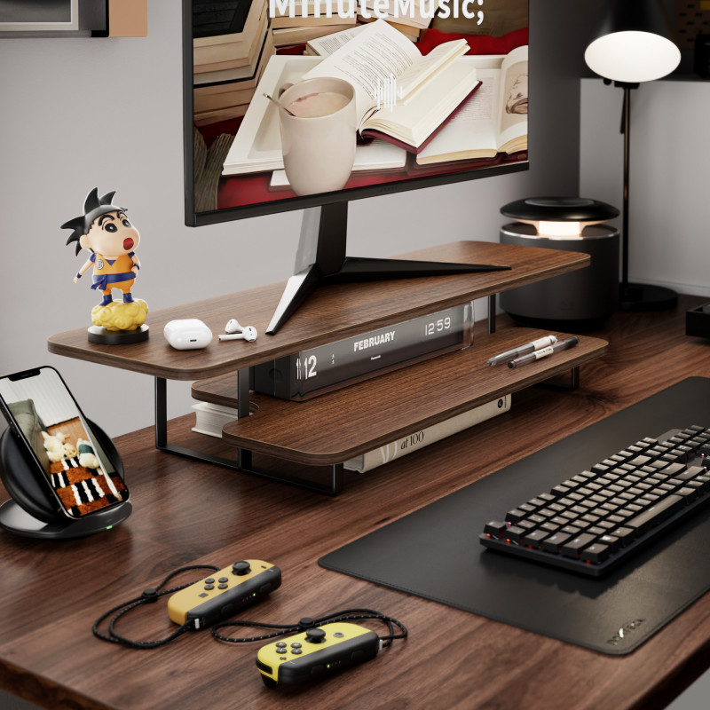 Walnut Finish Monitor Stand Ri - Desk Setup With Laptop And Monitor reseña y precio